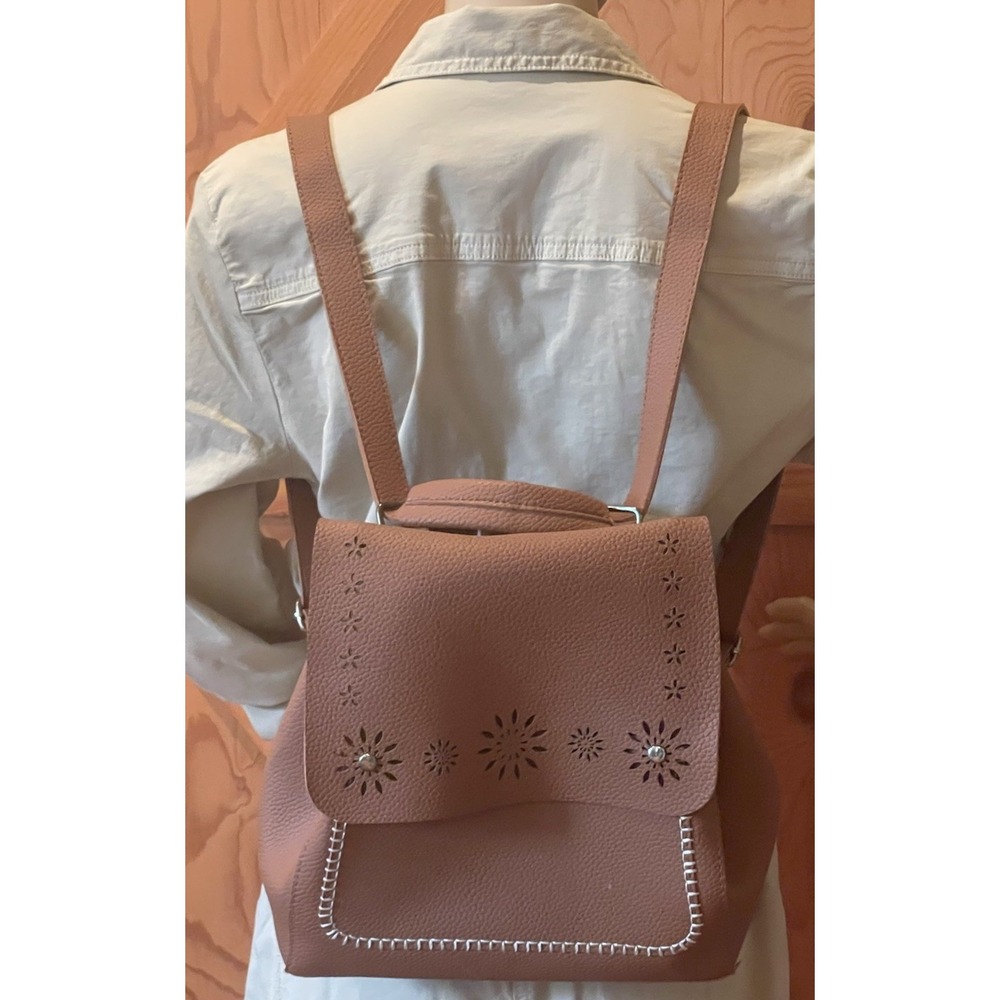 Brown Vegan‎ Leather Backpack Boho Western Whipstitch Star Cutout Festival Bag